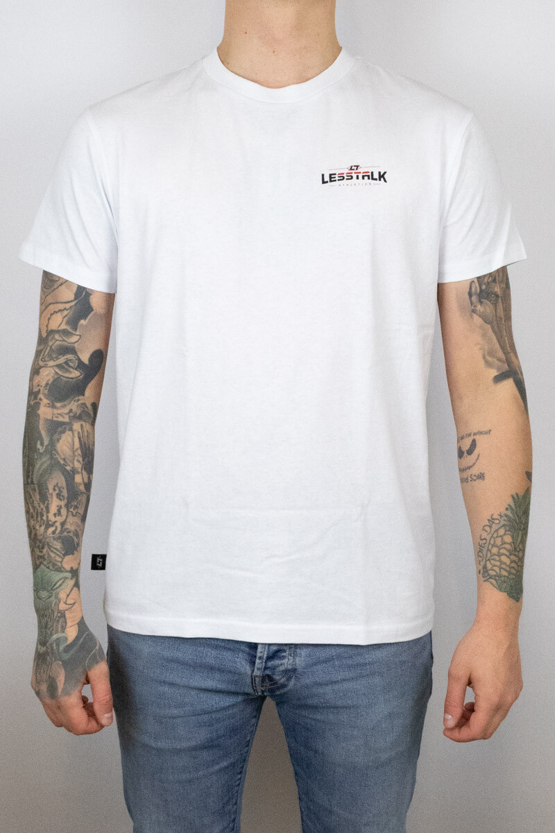 Less Talk T-Shirt Curved Logo Pocket Print White