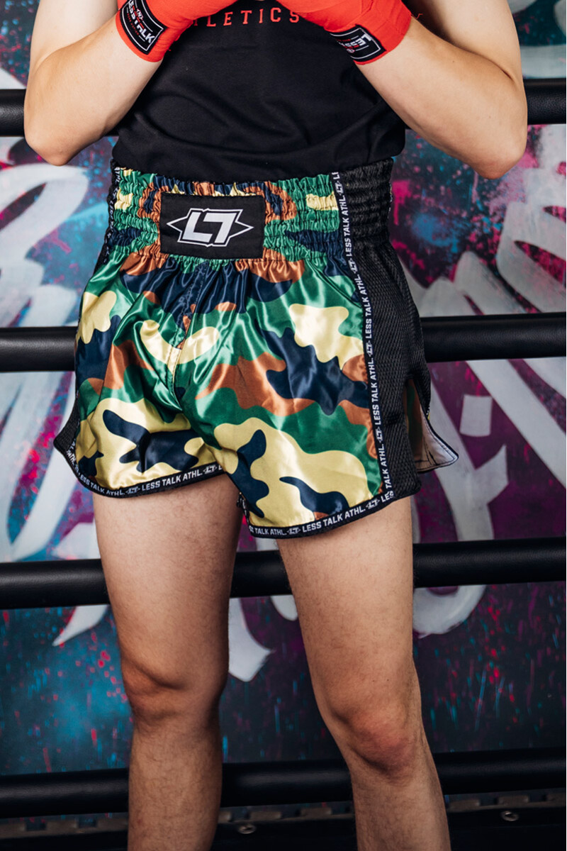 Less Talk Taped Muay Thai Shorts Camoufl box