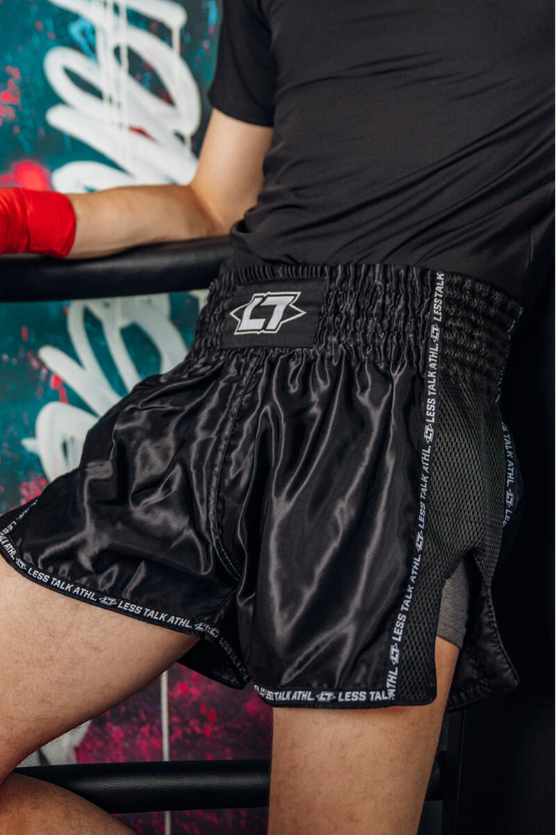 Less Talk Taped Muay Thai Shorts Black box